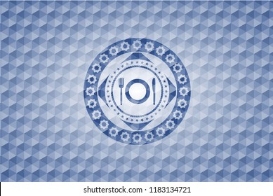 restaurant icon inside blue emblem with geometric pattern background.
