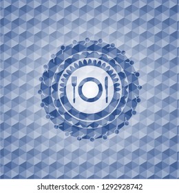 restaurant icon inside blue emblem or badge with abstract geometric pattern background.