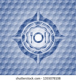 restaurant icon inside blue emblem or badge with geometric pattern background.