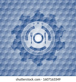 restaurant icon inside blue emblem with geometric pattern.