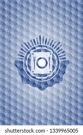 restaurant icon inside blue hexagon emblem.
