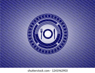 restaurant icon inside emblem with denim texture