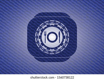 restaurant icon inside emblem with denim texture