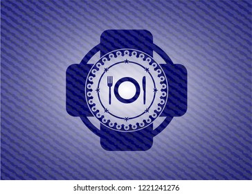 restaurant icon inside emblem with jean background