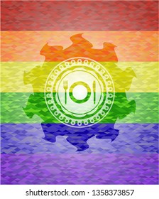 restaurant icon inside emblem on mosaic background with the colors of the LGBT flag
