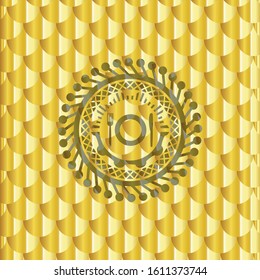 restaurant icon inside golden badge. Scales pattern. Vector Illustration. Detailed.
