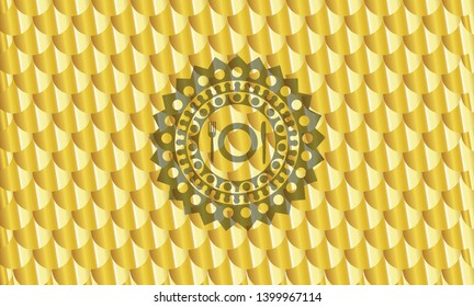 restaurant icon inside golden emblem or badge. Scales pattern. Vector Illustration. Detailed.