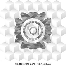 restaurant icon inside grey badge with geometric cube white background
