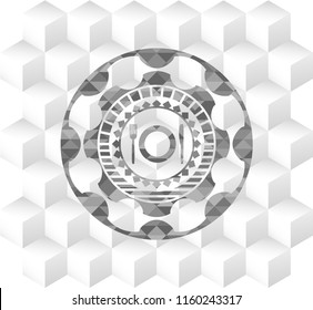 restaurant icon inside grey emblem. Retro with geometric cube white background