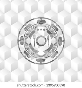 restaurant icon inside grey emblem. Vintage with geometric cube white background