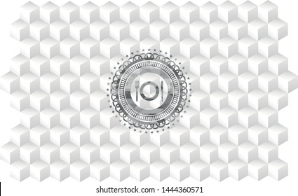 restaurant icon inside grey emblem with cube white background