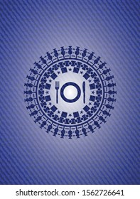 restaurant icon inside jean or denim emblem or badge background