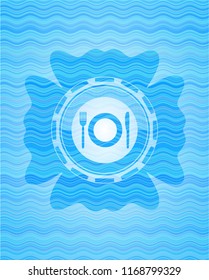 restaurant icon inside light blue water wave emblem.