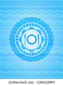 restaurant icon inside light blue water wave badge.