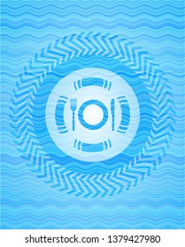 restaurant icon inside light blue water wave style emblem.