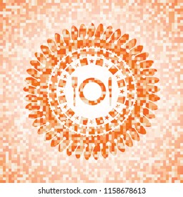 restaurant icon inside orange mosaic emblem with background