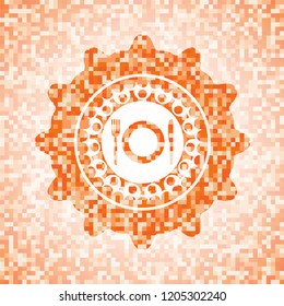 restaurant icon inside orange mosaic emblem with background