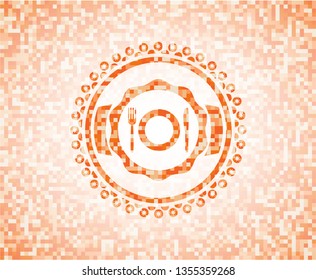 restaurant icon inside orange mosaic emblem with background