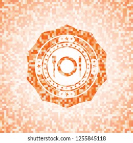 restaurant icon inside orange tile background illustration. Square geometric mosaic seamless pattern with emblem inside.