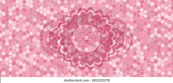 restaurant icon inside pink color tiles mosaic style pattern realistic emblem. Geometric hexagon fancy background. Artistic illustration. 