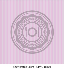 restaurant icon inside pink emblem. Vintage.