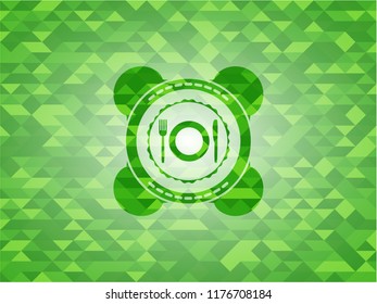 restaurant icon inside realistic green emblem. Mosaic background