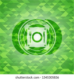 restaurant icon inside realistic green emblem. Mosaic background