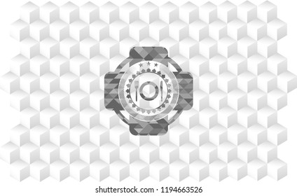 restaurant icon inside realistic grey emblem with geometric cube white background