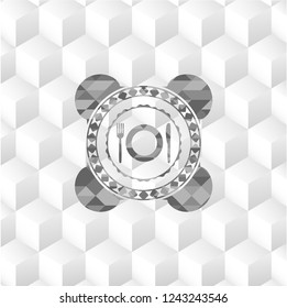 restaurant icon inside realistic grey emblem with geometric cube white background