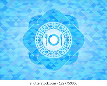 restaurant icon inside realistic light blue emblem. Mosaic background