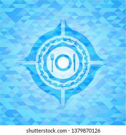 restaurant icon inside realistic sky blue mosaic emblem