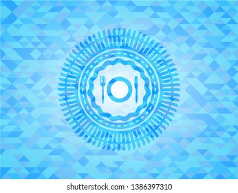 restaurant icon inside realistic sky blue mosaic emblem