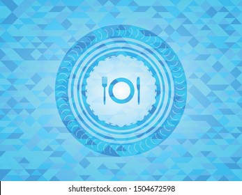 restaurant icon inside realistic sky blue mosaic emblem