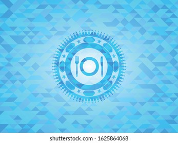 restaurant icon inside realistic sky blue emblem. Mosaic background