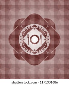 restaurant icon inside red badge with geometric pattern. Seamless.