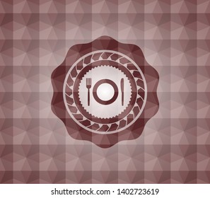 restaurant icon inside red badge with geometric pattern. Seamless.