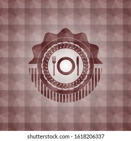 restaurant icon inside red badge with geometric pattern. Seamless.