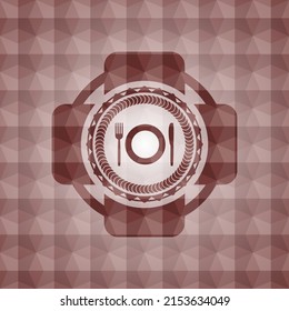 restaurant icon inside red badge with geometric pattern background. Seamless. 