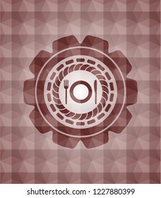 restaurant icon inside red emblem or badge with abstract geometric polygonal pattern background. Seamless.