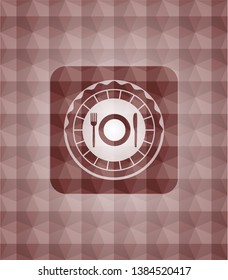 restaurant icon inside red emblem with geometric pattern background. Seamless.