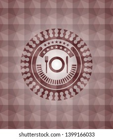 restaurant icon inside red emblem or badge with geometric pattern background. Seamless.