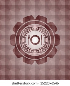 restaurant icon inside red emblem or badge with abstract geometric polygonal pattern background. Seamless.