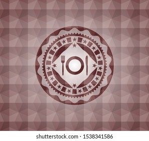 restaurant icon inside red emblem or badge with abstract geometric pattern background. Seamless.