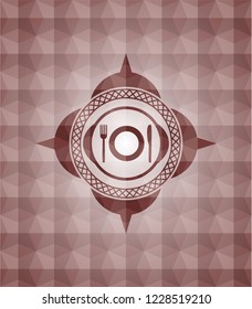 restaurant icon inside red polygonal badge. Seamless.