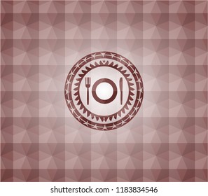 restaurant icon inside red seamless badge with geometric pattern.