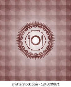 restaurant icon inside red seamless emblem or badge with geometric pattern background.