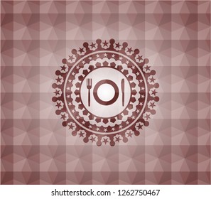 restaurant icon inside red seamless emblem with geometric background.