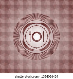 restaurant icon inside red seamless emblem or badge with geometric pattern background.