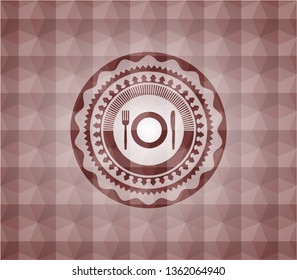 restaurant icon inside red seamless geometric pattern emblem. Seamless.