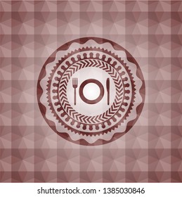 restaurant icon inside red seamless emblem or badge with abstract geometric polygonal pattern background.